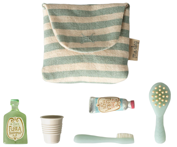 Maileg Toothbrush Set In Bag Mouse Blue Stripe