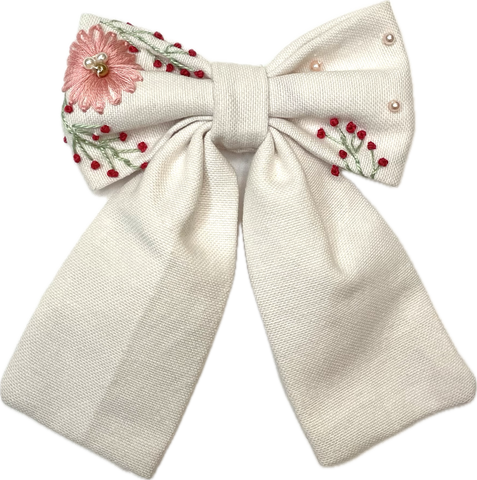 Papalotes Hand Embroided Hair Bow White