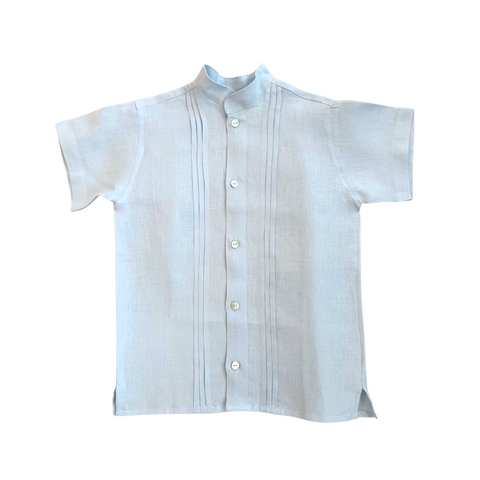 Papalotes Blue Linen Nehru Collar Boy Shirt Short Sleeve