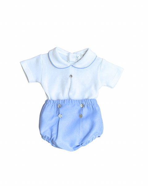Floral Blue Pima Cotton Baby Onesie With Blue Linen Diaper Cover Set