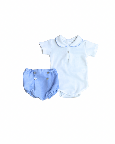 Floral Blue Pima Cotton Baby Onesie With Blue Linen Diaper Cover Set