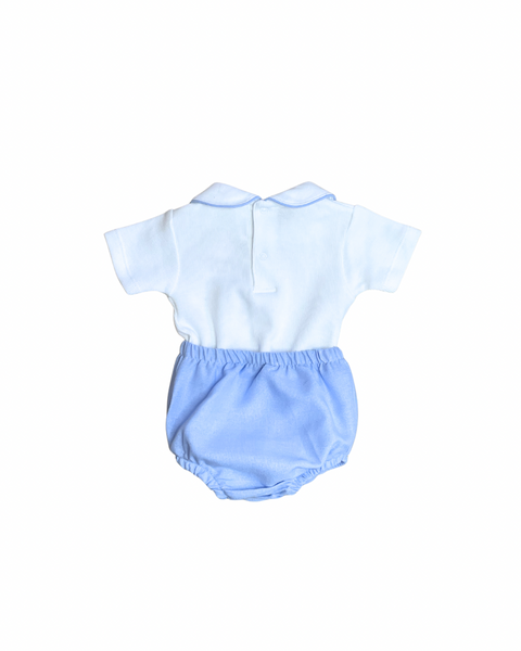 Floral Blue Pima Cotton Baby Onesie With Blue Linen Diaper Cover Set