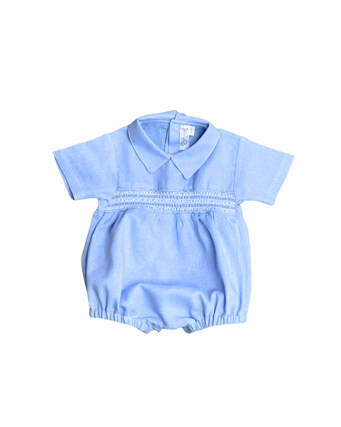 Floral Blue Linen Baby Romper Blue