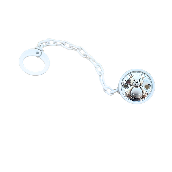 Eventi Clamp Pacifier Holder  Bilaminated Silver Bear